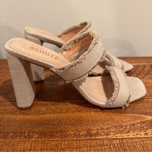 SCHUTZ Women's Amely Double Strapped Frayed Heels Size 9.5 NWOB